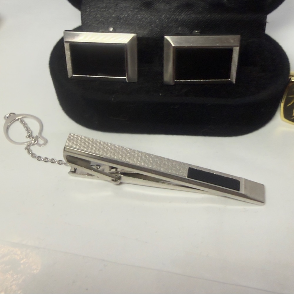 Elegant German Silver and Black Cufflinks and Tie Clip Set